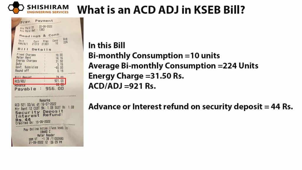 example of real KSEB electricity bill with ACD/ADJ or Additional Cash Deposit Adjustment